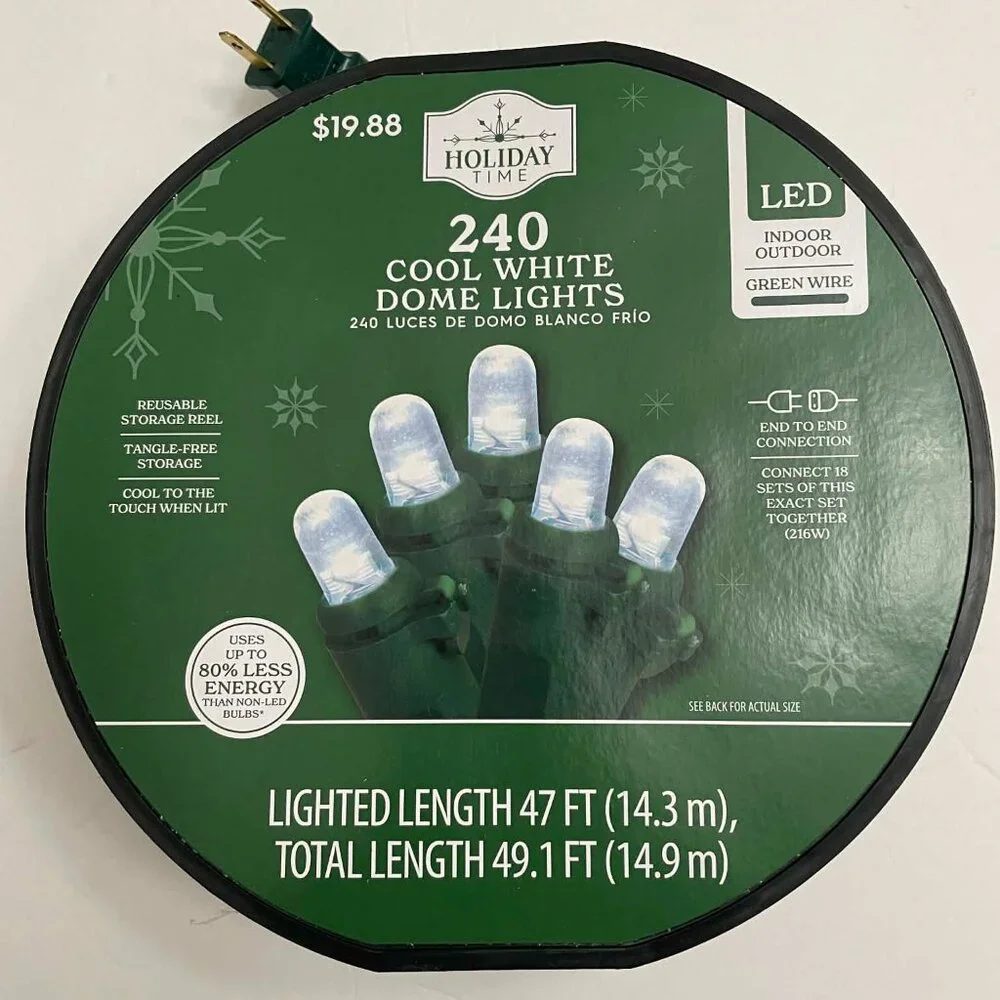 New ! 240-Count Cool White LED Dome Christmas Lights with Green Wire, 49.1'